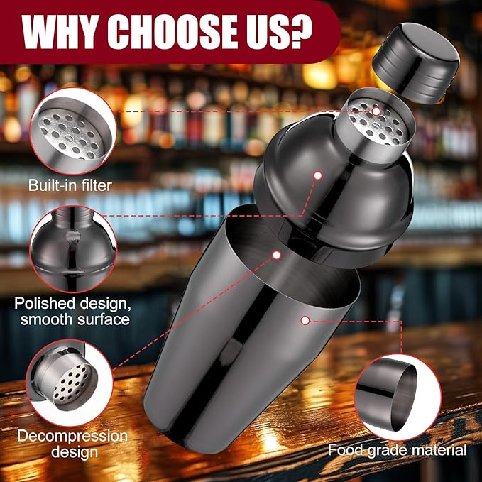 Nitial 6 Pcs Bar Cocktail Shaker Professional Stainless Steel Martini Drink Mixer Built-in Strainer for Bartending No Leaks Shaker for Bar Party Drink Mixer(Black,11.8 oz)