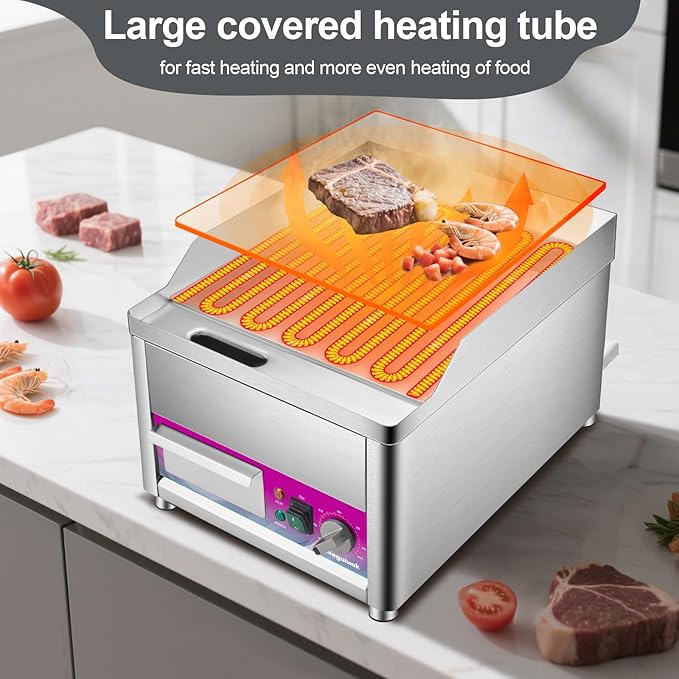 Mvegoiuok Commercial Electric Griddle 14 Inch Stainless Steel Table Top Griddle 1800W Indoor Grill Electric Flat Top Grill Smokeless