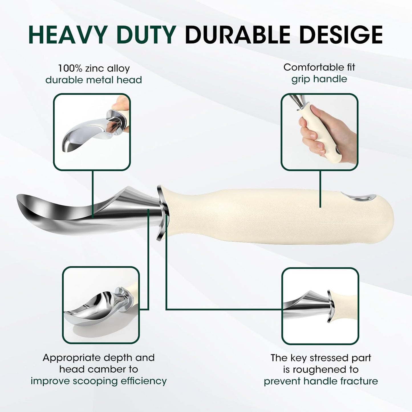 Beneno Heavy Duty Ice Cream Scoop - Upgraded Anti-Fracture Design, Comfortable Grip Long Handle, Effortless Scooping & Dishwasher Safe, Cream