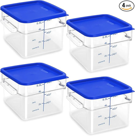 4 Pack Food Storage Containers with Blue Lids, 6.0 Qt - Square, Clear, Polycarbonate