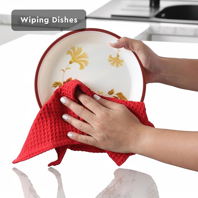 Encasa XO Kitchen Dish Towels Set | Red | Waffle Weave and Flat Hand Tea Towel | 28"x18" | Quick Drying Reusable Cotton Washcloths | Multipurpose Lightweight Dishcloths Set of 4