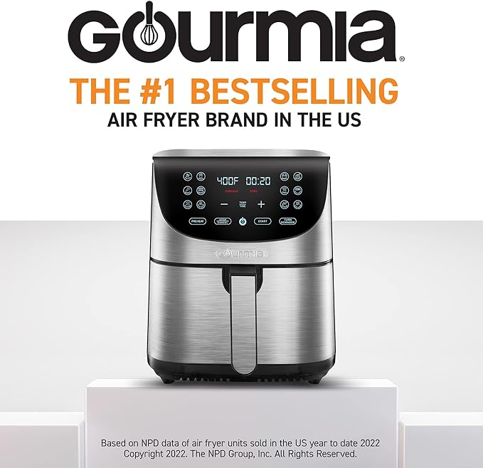 Gourmia Air Fryer Oven Digital Display 7 Quart Large AirFryer Cooker 12 Touch Cooking Presets, XL Air Fryer Basket 1700w Power Multifunction GAF778 Black and stainless steel air fryer FryForce 360°