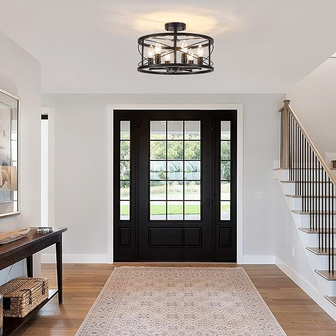 6-Light Black Semi Flush Mount Ceiling Light, 16.54'' Modern Farmhouse Close to Ceiling Light Fixtures, Ceiling Lamp for Hallway Entryway Kitchen Dining Room Living Room Bedroom Lights, UL Listed