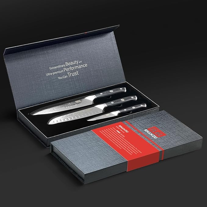 SHAN ZU Damascus Knife Set, Japanese Super Steel 3 PCS Damascus High Carbon Professional Ultra-Sharp Kitchen Chef Knife Set with G10 Handle Gift Box