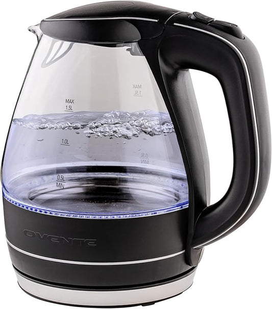 OVENTE Electric Kettle, 1.5L Borosilicate Glass Countertop Water Heater and Boiler for Coffee or Tea, BPA-Free, Auto Shut-Off, Boil-Dry Protection, Removable and Washable Spout Filter, Black KG83B