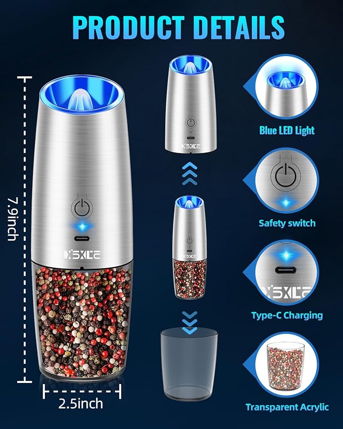 Rechargeable Electric Pepper and Salt Grinder Set, No Battery Needed, whit Gravity Sensing Switch and LED Light, One Hand Automatic Operation, Sliver, 2 Pack