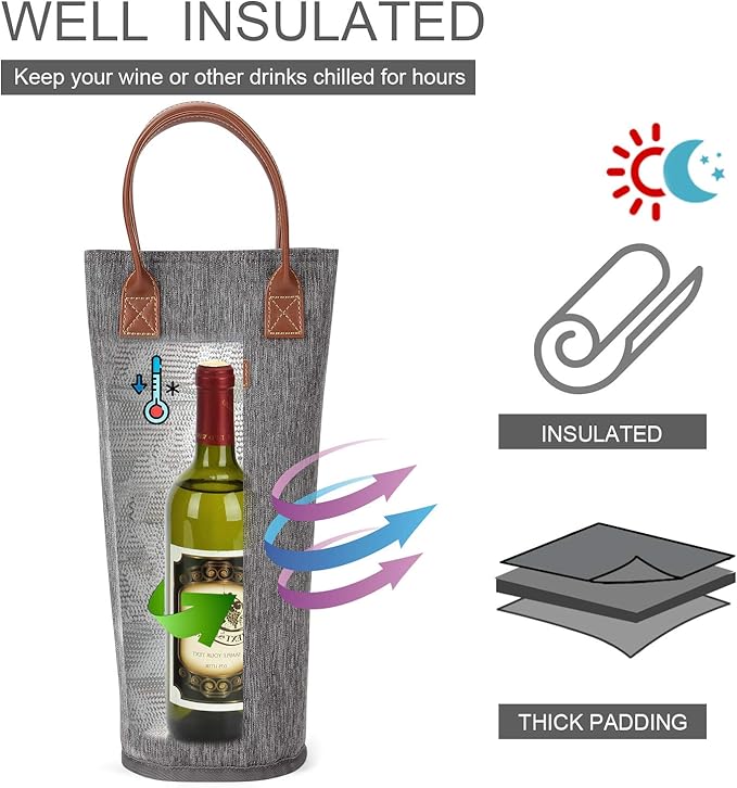 Single Bottle Insulated Wine Tote, 1 Bottle Wine Carrier Bag Padded Wine Cooler Perfect Wine Lover's or Wedding Gift-Grey