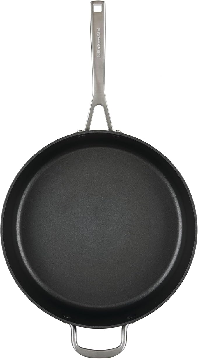 KitchenAid Hard Anodized Induction Nonstick Cookware Saute Pan/Jumbo Cooker with Lid and Helper Handle, Dishwasher Safe, 5 Quart Non Stick Sauteuse with Stainless Steel Handles - Matte Black