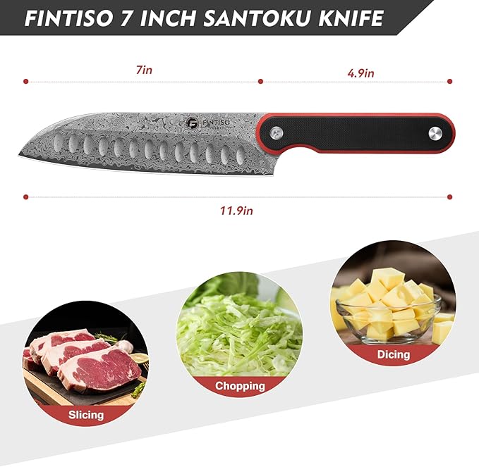 FINTISO Chef Knife 7 Inch Kitchen Knife, Sharp Santoku Knife 67-Layer Damascus Steel with 10Cr15CoMoV Steel Core, Professional Cooking Knife with Ergonomic Full Tang G10 Handle for Chopping Slicing