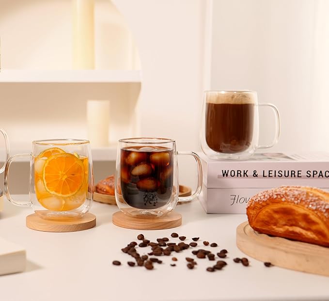 CNGLASS Large Double Wall Glass Coffee Mug 15.2oz,Clear Insulated Glass Espresso Cup with Big Handle,Clear Glass Espresso Mugs for Latte,Cappuccino,Tea Bag,Hot and Cold Beverages,set of 4