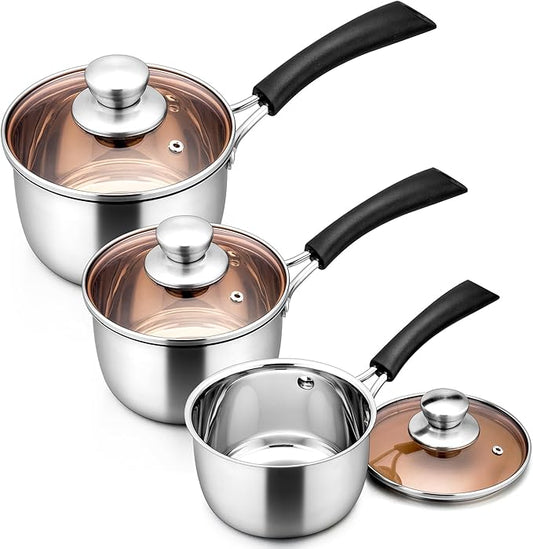 LIANYU 1QT & 2QT & 3QT Saucepan Set with Lids, 18/10 Stainless Steel Sauce Pan Cookware Sets, Kitchen Cooking Small Pots with Long Heatproof Handle, Easy Clean & Dishwasher Safe
