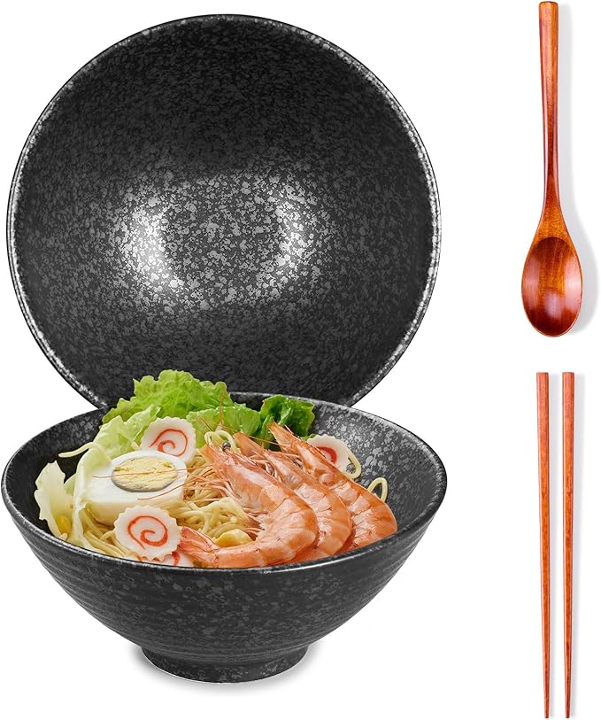 40 OZ ceramic ramen bowls, 8 IN large Japanese noodle soup bowl, match chopsticks and spoons, suitable for Pho, Udon Asian noodles (Black color)