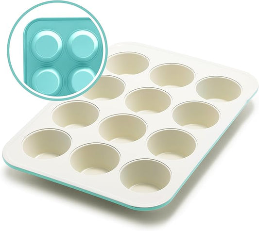 GreenLife 12-Cup Muffin Pan, Healthy Ceramic Nonstick Bakeware, PFOA & PFAS-Free Cupcake Tray, Durable Baking Pan, Versatile Kitchen Essential, Easy Clean Muffin Mold, Nonstick Baking Sheet, Turquoise