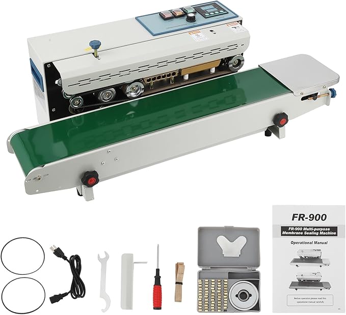 Continuous Band Sealer FR900K - Automatic 110V Horizontal Sealer with Digital Temperature Control for Commercial PP Aluminum Foil PVC Plastic Bags
