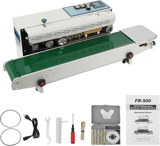Continuous Band Sealer FR900K - Automatic 110V Horizontal Sealer with Digital Temperature Control for Commercial PP Aluminum Foil PVC Plastic Bags