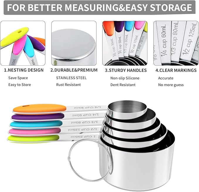 TILUCK Measuring Cups and Spoons Set, Stainless Steel, Kitchen Utensils for Cooking and Baking (10, Colorful)