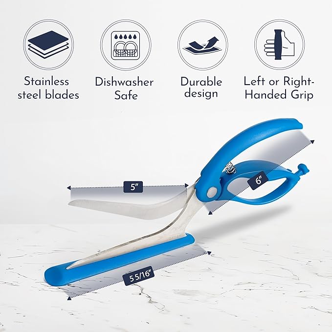 Loftern Blue Pizza Scissors - Non-Stick Pizza Scissors with Firm Grip Base - Food Grade Stainless Steel Pizza Cutter - 5-in-1 Food Slicer & Pizza Server - Durable, Safe & Mess Free