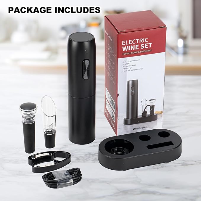 Electric Wine Opener Set with Charging Base, Rechargeable Automatic Corkscrew Bottle Opener with Pour, Preserver Vacuum Stopper, Foil Cutter, USB Charging Cable