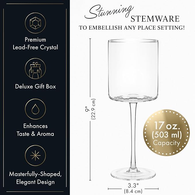 ELIXIR GLASSWARE Wine Glasses Set of 4-17oz - Square, Large Red or White Wine Glasses - Hand Blown Long Stem Crystal Wine Glass Set - Housewarming Gifts