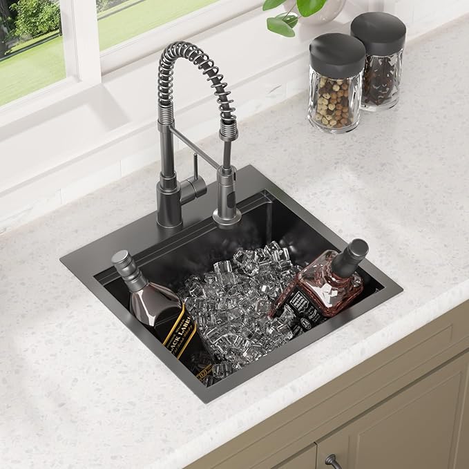Lordear Black Bar Sink 18 Inch Drop In Kitchen Sinks Topmount Pre Bar Sink 16 Gauge Stainless Steel Single Bowl 18x18x9 Inch RV Small Kitchen Sinks