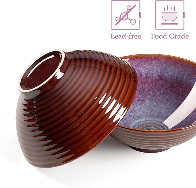 NUTRIUPS 8 Inch Ceramic Ramen Bowl Set of 2 Pho Bowls 40oz Japanese Noodle Udon Soup Bowls with Spoons and Chopsticks (Lavender)