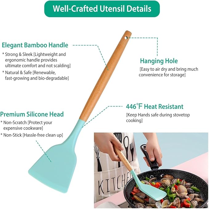 11Pcs Silicone Cooking Utensils Set with Wooden Handle, Heat Resistant Kitchen Utensil Set incl Spatula, Ladle, Tongs & Whisk, Non-Stick & Dishwasher Safe w/Holder