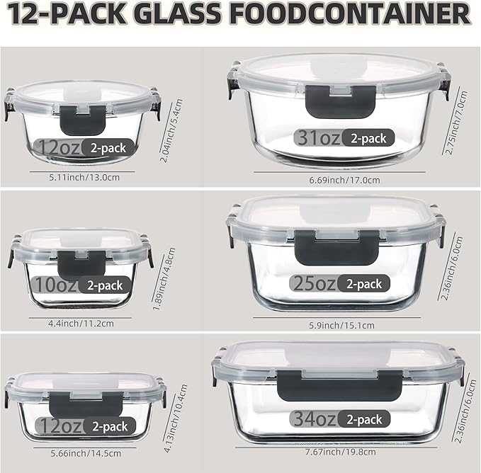 12 Pack Glass Storage Containers with Lids, Glass Meal Prep Containers Set, Airtight Food Storage Containers, Grey