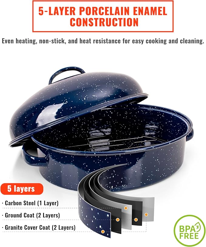 Roasting Pan with Lid and Rack 18" Dark Blue and White Speckled Design Large Oval Enamel Roast pan,Perfect for Thanksgiving Christmas Parties and Dinner Gatherings with Mesh Frame Gift Packaging