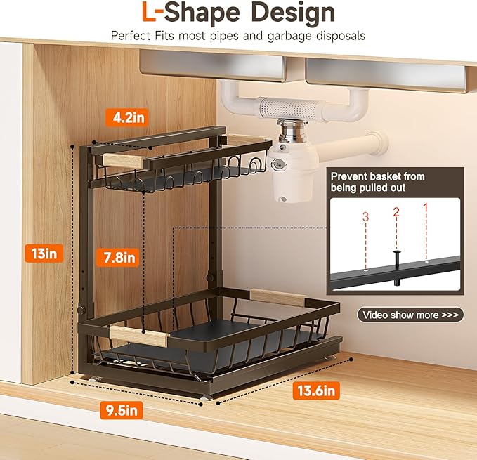 2 Packs Under Sink Organizer, High Adjustable 2 Tier Under Kitchen sink organizer, Multi-Purpose Storage Shelf for Kitchen Bathroom Cabinet (Brown)