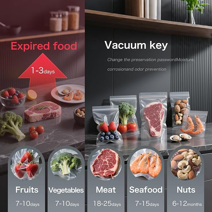 Kitchen utensil vacuum sealing machine, 60kPa suction, 20 vacuum sealing pockets, dry wet mode, digital countdown, white vacuum food sealing machine