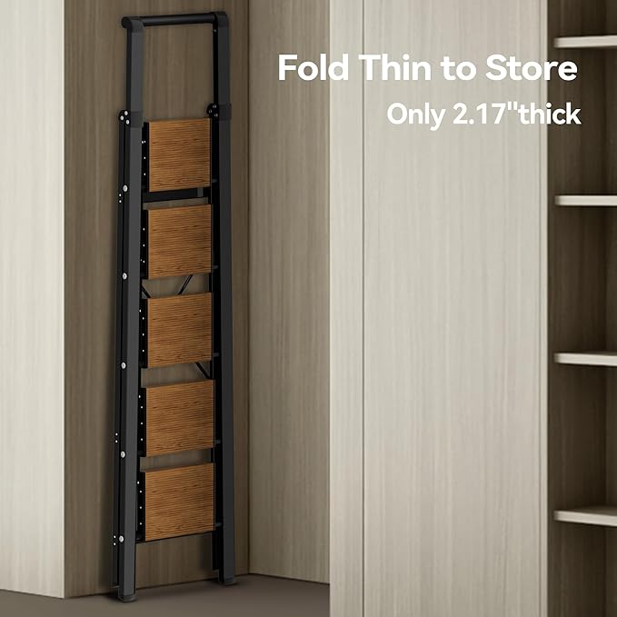 HillhutApex 5 Step Foldable Aluminum Step Ladder with Handgrip, Anti-Slip Pedal, 330 lbs Capacity, Lightweight & Portable for Home, Kitchen, Office, Garage (Black Woodgrain)