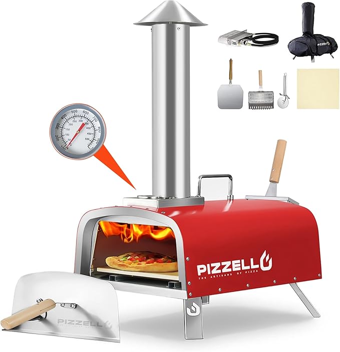 13" Outdoor Pizza Oven Propane Wood Fired Outdoor Foldable Pizza Ovens with Gas Burner, Wood Tray Pizza Stone, Pizza Peel, Cover