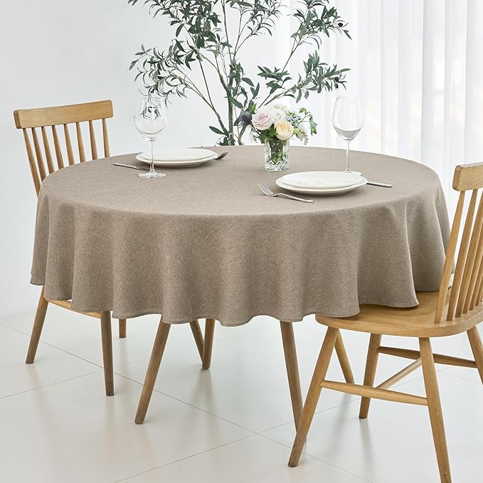 maxmill Round Linen Textured Tablecloth Spill-Proof Stainproof Wrinkle Free Washable Fabric Table Cloth for Circular Table Cover, Dining Room Buffet Banquet Parties Holiday Dinner, 70 Inch Mocha