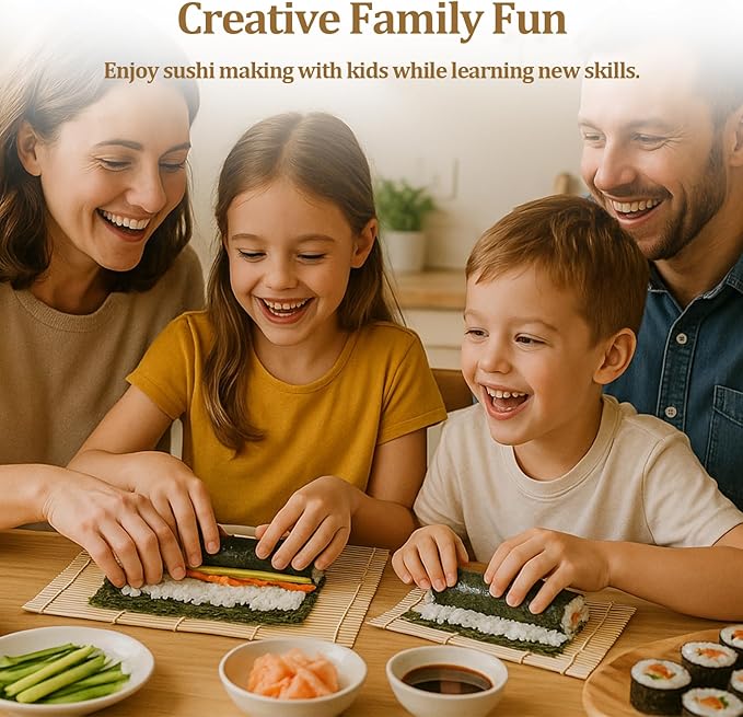 Sushi Making Kit, 6 PCS Beginner Sushi Maker Set, Including 2 White Bamboo Rolling Mats, 2 Pairs Chopsticks, 1 Paddle,1 Spreader, Natural Bamboo Material, Ideal Gift for Kids, Friends, Home Chef