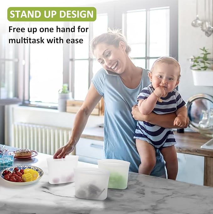 Reusable Silicone Food Storage Bags Quart 4 Pack, Stand Up Ziplock Reusable Freezer Sandwich Bag Containers for Food Travel, Freezer Microwave Oven Dishwasher Safe, Translucent, 33.8fl.oz