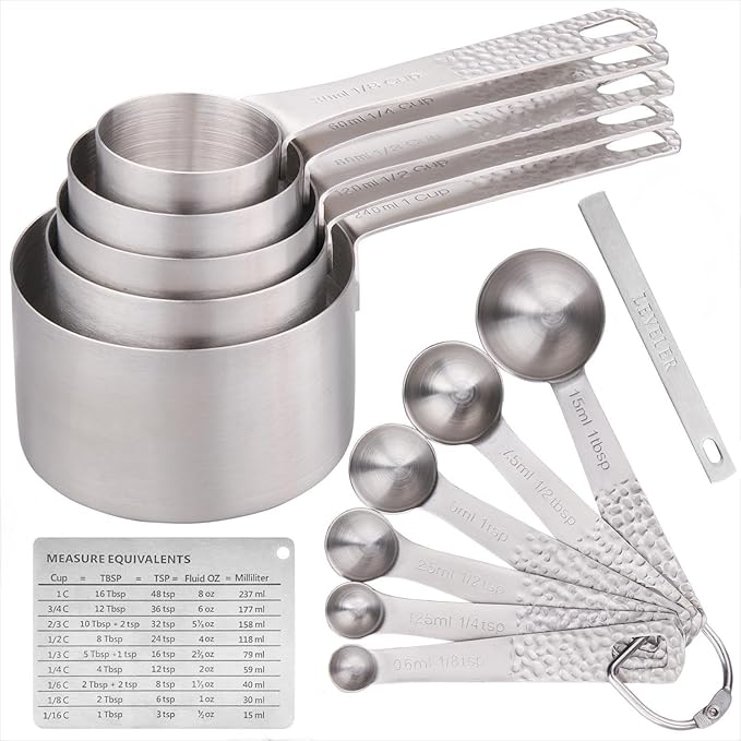 Smithcraft Measuring Cups and Spoons Set 14, 18/8 Stainless Steel Measuring Cups and spoons for Baking & Kitchen, Metal Metric&US 5 Measure Cups and 6 Spoon &Leveler&Measure Equivalents for Dry&Liquid