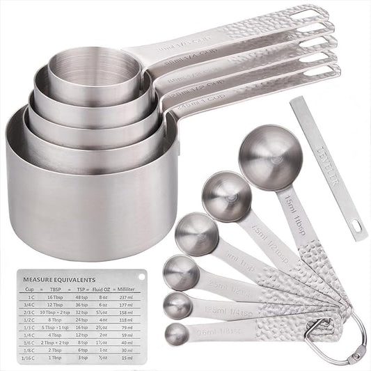 Smithcraft Measuring Cups and Spoons Set 14, 18/8 Stainless Steel Measuring Cups and spoons for Baking & Kitchen, Metal Metric&US 5 Measure Cups and 6 Spoon &Leveler&Measure Equivalents for Dry&Liquid