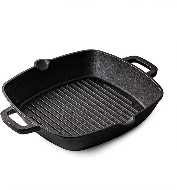 10 Inch Cast Iron Grill Pan & Skillet, Pre-Seasoned Stovetop Griddle Pan with Dual Handles for Indoor Cooking, Frying, Grilling, Searing Steak & Meat on Gas, Electric, Induction Cooktops