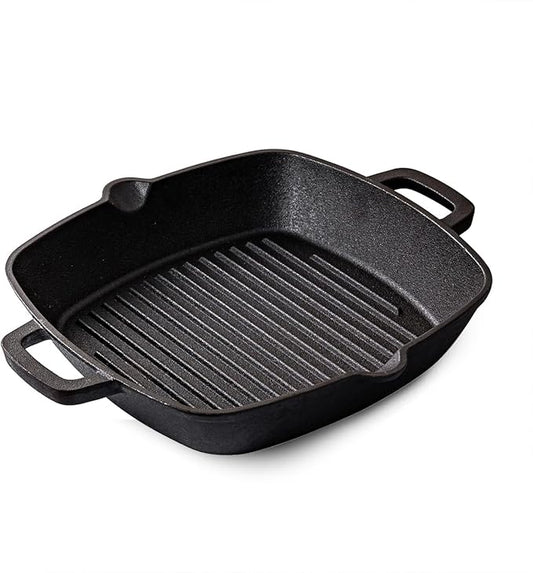 10 Inch Cast Iron Grill Pan & Skillet, Pre-Seasoned Stovetop Griddle Pan with Dual Handles for Indoor Cooking, Frying, Grilling, Searing Steak & Meat on Gas, Electric, Induction Cooktops