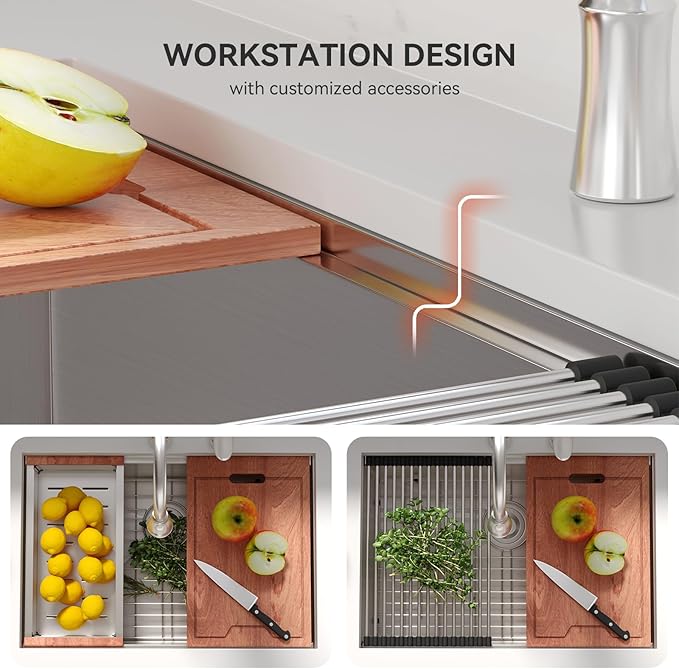 Lordear 27 Undermount Kitchen Sink 27x19 Inch 16 Gauge Stainless Steel Kitchen Sinks Under Counter Ledge Workstation Single Bowl Basin