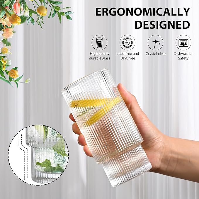 16OZ Ribbed Glass Cups with Lids and Straws,Iced Coffee Cups with Bamboo Lid,Vintage Glassware for Whiskey Cocktail Beer Fruit Juice Glasses Tumbler(2 Pack)