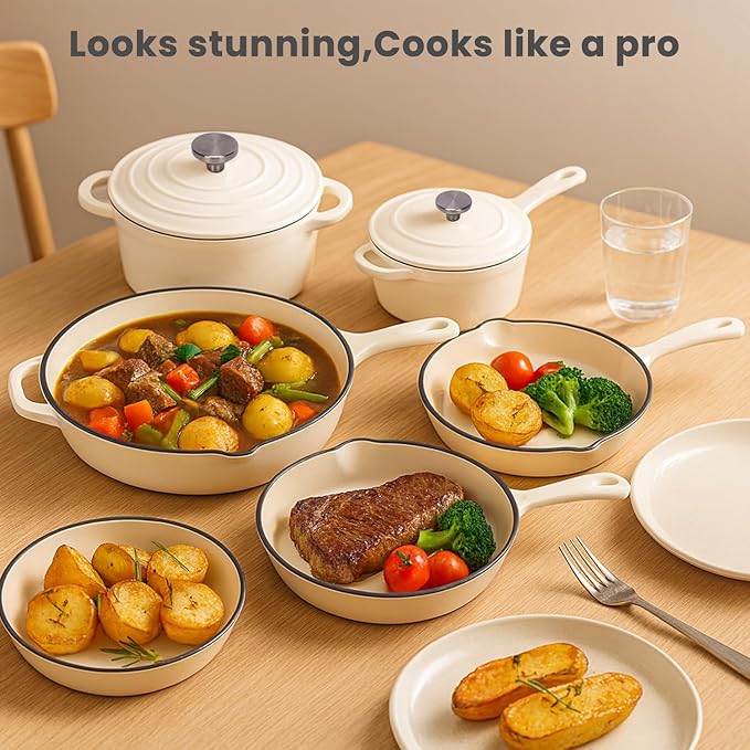 QuliMetal Enameled Cast Iron Cookware Set, 5 Pcs Pots and Pans with Lid, Skillet, Frying Pan, Saucepan & Dutch Oven for All Stovetops, PFA Free - Ideal for Sourdough Bread Baking