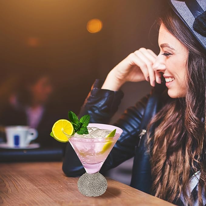 Martini Glasses Set of 4,Stemless Margarita Glasses,Unbreakable Crystal Fancy Cocktail Glasses,10 Oz Bar Glass,for Party,Birthday,Manhattan, Cosmopolitan, Home Bargifts Women (Silver Pink)