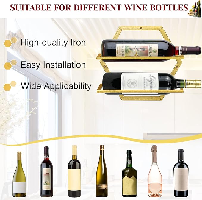 2Pcs Wall Mounted Wine Bottle Rack, Metal Hanging Wine Display Holder Organizer, Red Wine Racks for Home Kitchen Bar Decor Storage(Gold)