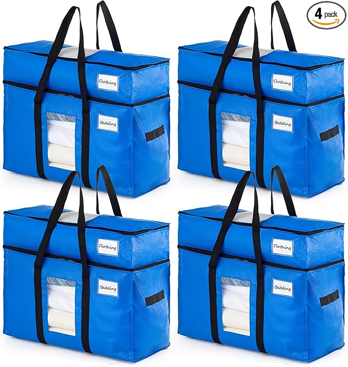 TAILI 2 Tier Extra Large Moving Bags, 4 Pack Blue Heavy Duty Totes for Storage with Visible Window, Wrap Around Handles, Storage Bags for Space Saving, Alternative to Moving Boxes