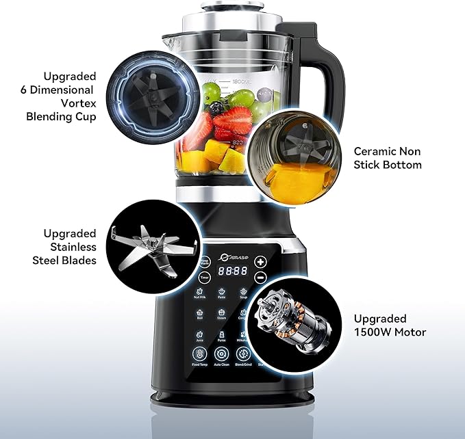 Glass Blenders for Kitchen with Tamper, Blender for Smoothies, Professional Blenders 1500W Motor, 9 Adjustable Speeds, 14 Preset Programs, High-Speed Heating Blender for Nut Milk, Soups, Sauces & More