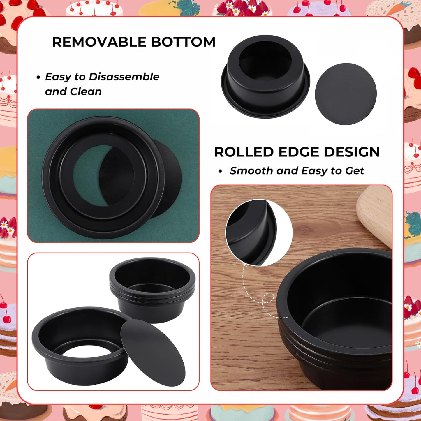 beyonday 4pcs Round Cake Pan with Removable Bottom, 4 inch Carbon Steel Cake Trays for Mini Bread Muffin Cupcake Hamburger, Non-stick Basque Cheesecake Baking Mold for Birthday Party Anniversary