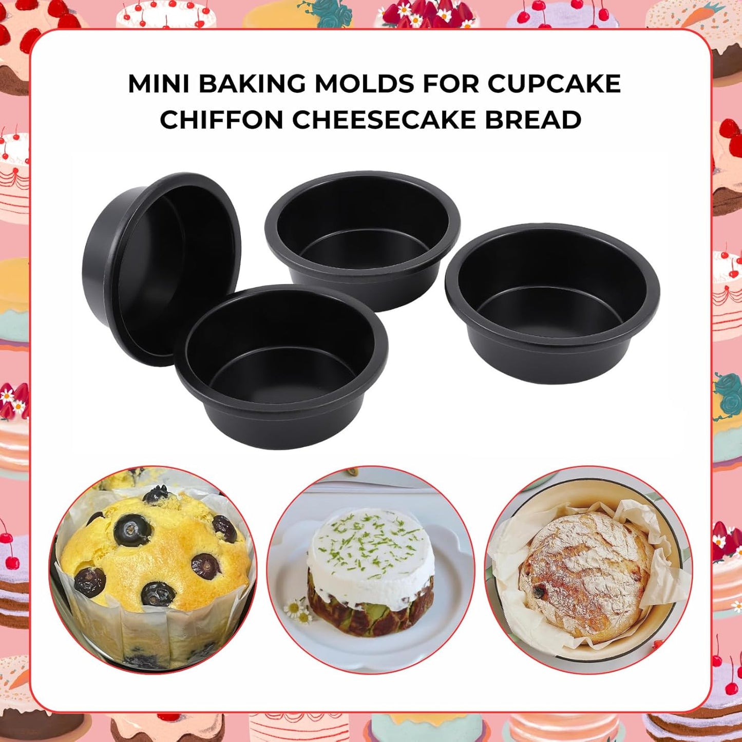 beyonday 4pcs Round Cake Pan with Removable Bottom, 4 inch Carbon Steel Cake Trays for Mini Bread Muffin Cupcake Hamburger, Non-stick Basque Cheesecake Baking Mold for Birthday Party Anniversary