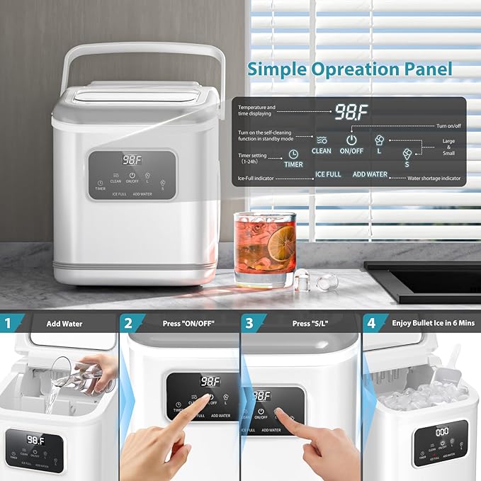 Ice Maker Machine countertop Self Cleaning Portable Compact Small Bullet Ice Maker with Digital Screen,9 Cubes in 6 Mins,26lbs in 24Hrs,for Camping Dorm Home Outdoor（White）