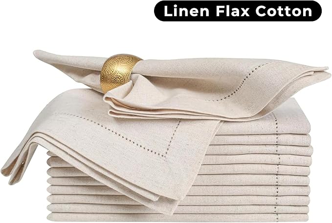 Bedding Craft Linen Flax Cotton Cloth Dinner Napkins Set of 12 – 20x20 Natural Hemstitched Fabric – Machine Washable Elegant Reusable Table Napkins for Weddings, Parties & Dining Décor